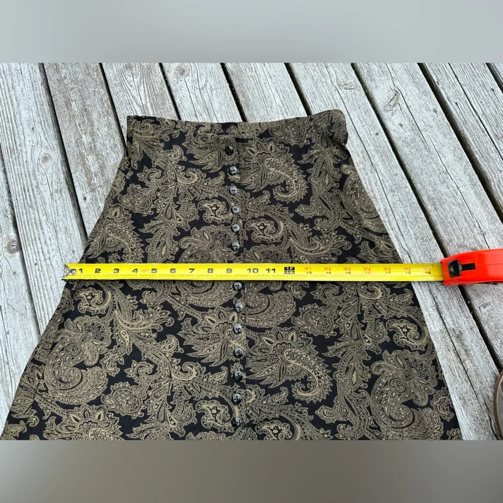 SOLD - Vtg 90s Slinky Material Black &Tan Paisley Skirt w/lots of buttons Size S - Picture 6 of 8